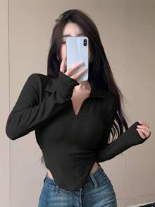 Joudiya Asymmetrical Hem Long Sleeve T-Shirt,Fall Clothes - Black - View 3