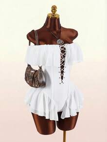 Amplova Bộ jumpsuit dáng chữ A trễ vai, xếp ly eo, lãng mạn cho kỳ nghỉ của phụ nữ - trắng - Xem 4