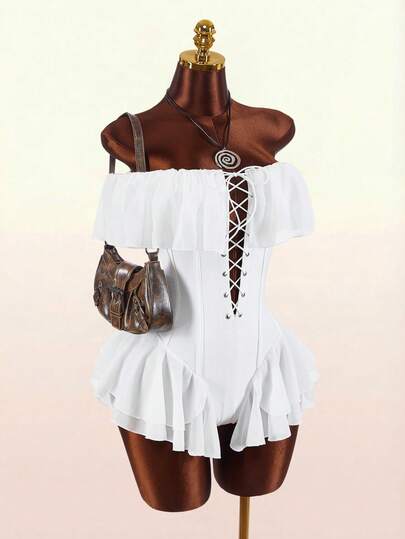 Amplova Romantic Vacation Off Shoulder Ruched Waist A-Line Jumpsuit For Women