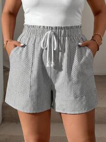 SHEIN Tall CURVE Quần short kẻ sọc dáng rộng có dây rút - Đen và trắng - Xem 4