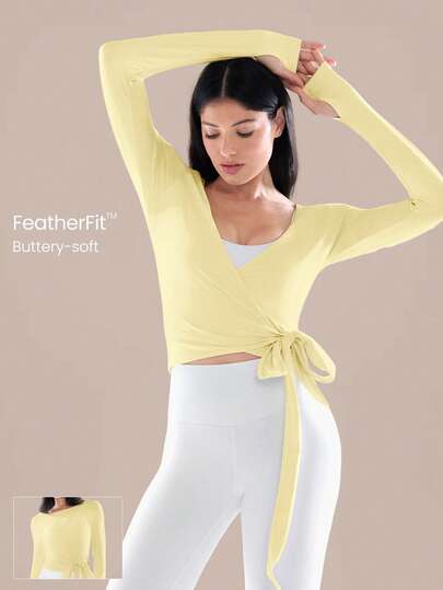 GLOWMODE Áo FeatherFit™ Split Decision 2 trong 1 hai mặt, mềm mại như bơ, co giãn, thấm hút mồ hôi, thắt eo, tay dài, thích hợp cho yoga, pilates, tập luyện, mặc hàng ngày hoặc ngày Valentine.