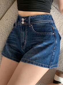 DAZY Quần short denim nữ cạp cao hai hàng cúc có túi sau, phong cách đường phố thường ngày, mùa hè Y2K - Rửa trung bình - Xem 5