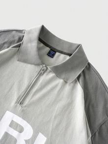 ROMWE MEN Street Life Men's Contrast Color Patchwork Letter Print Polo Shirt - Grey - View 3