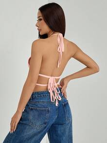 SHEIN PETITE 女款百褶掛脖領收腰綁帶露背背心，夏季上衣，適合嬌小女性 - 藕粉色 - 查看 4