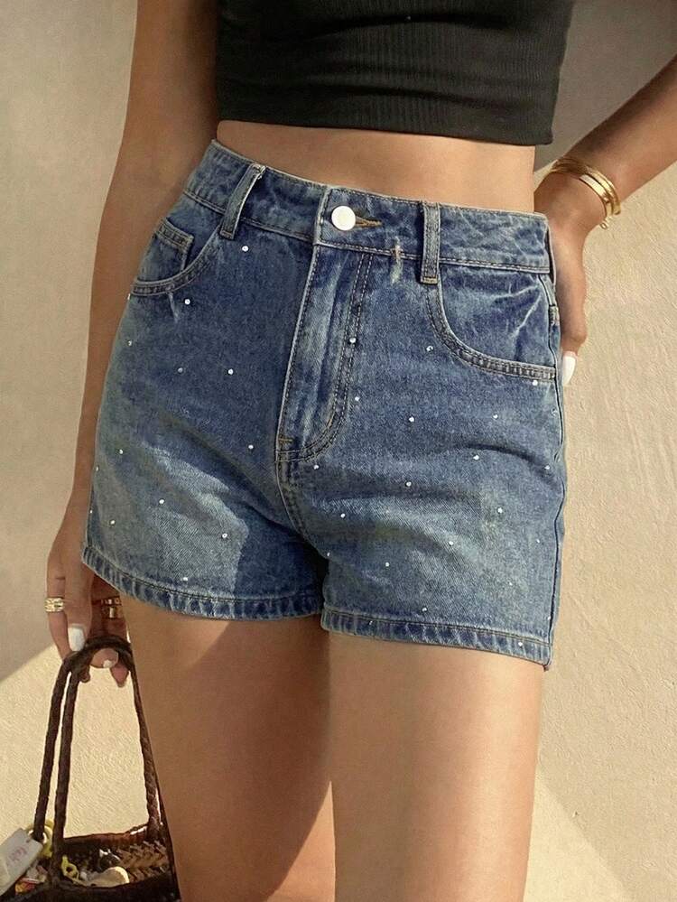 Women's Summer Rhinestone Embellished Super Short Fitted Sexy Denim Shorts