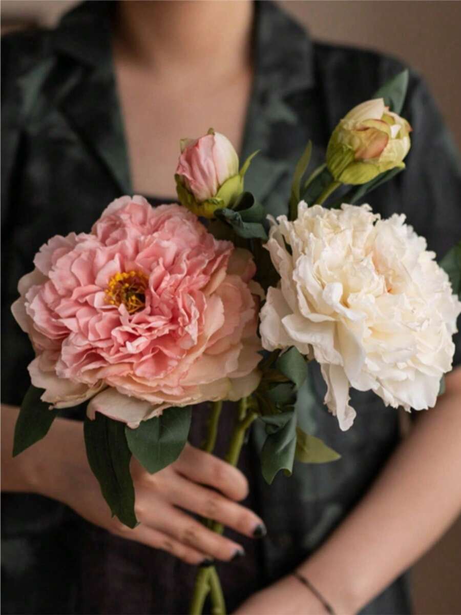 Zazumi 1支/2支/4支仿真玫瑰花,法国牡丹仿真花,家居客厅假花,餐桌摆饰,干花花束,肖邦花卉装饰 - 彩色 - 查看 1