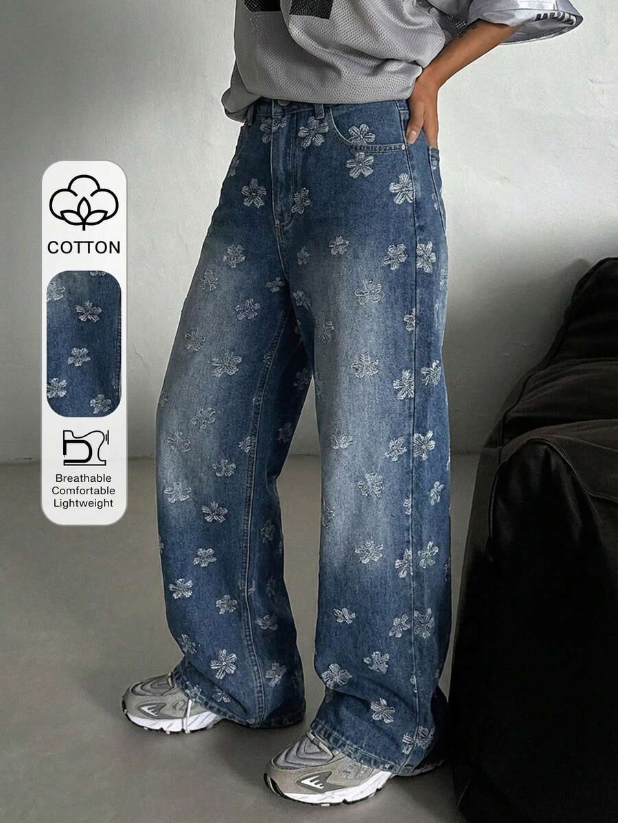DAZY 女士休闲水洗提花直筒牛仔裤 - 中等水洗藍 - 查看 1