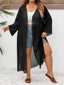 SHEIN CURVE+ Plus Size Women's Summer Business Casual Beachwear Vacations Woman Beach Coat For Spring Break Offices Women Concert Cruise Attire Cover Up - Black - View 7