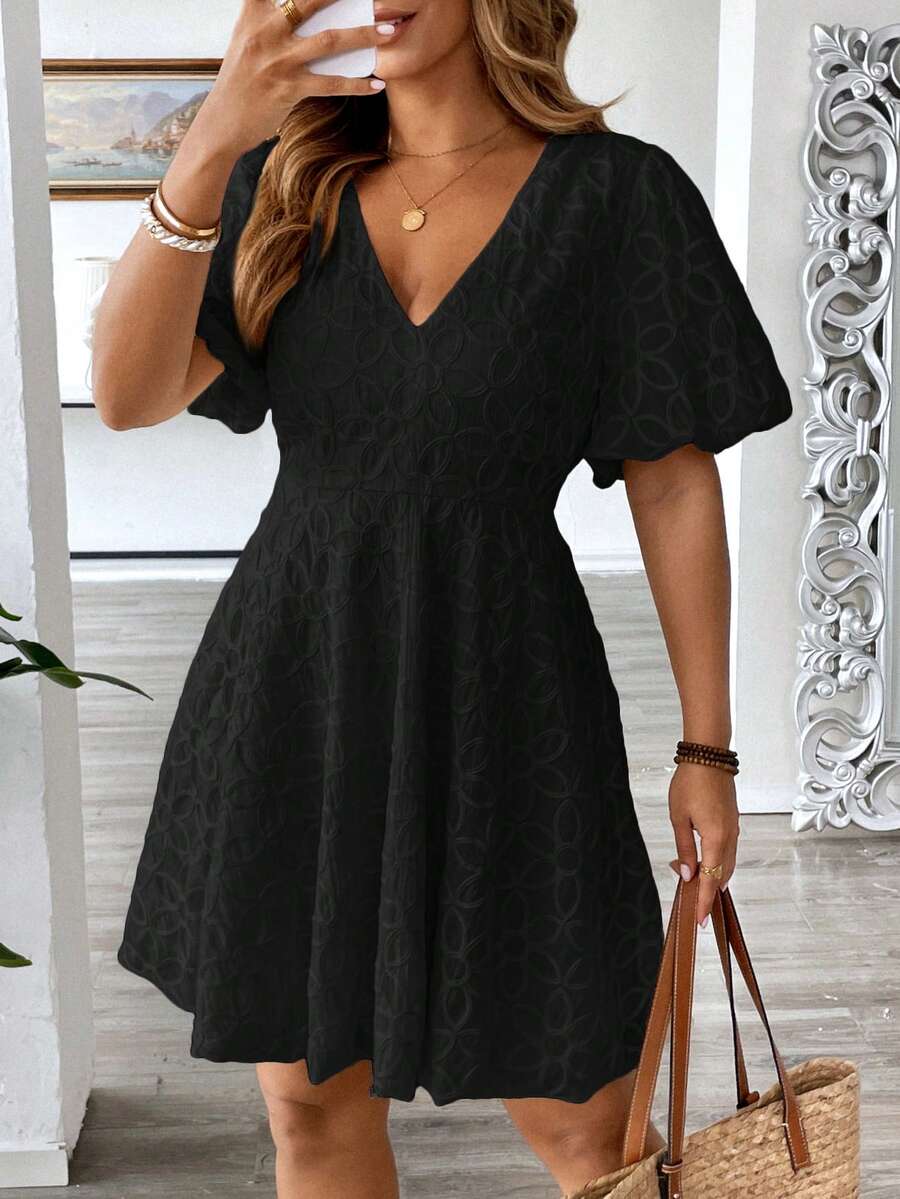 Vionelle Plus Size Women's Spring/Summer French Elegant Romantic Brunch Formal Vacation Jacquard V-Neck Cinched Waist A-Line Puff Sleeve Dress Black - Black - View 1