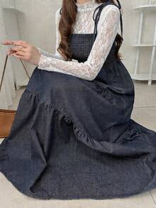 FRIFUL Đầm maxi denim nữ kiểu dáng xòe, dây buộc vai sau, thắt nơ, thích hợp cho mùa hè. - Màu xanh lam - Xem 6