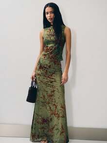 Nöista Nuevo conjunto de dos piezas sin mangas de estilo chino, en verde oscuro con una textura jaspeada, con un corte ajustado y un esquema de color vintage. Adecuado para primavera, verano y principios de otoño, es una sofisticada pieza de estilo chino que combina elegancia y moda. - Burdeos - Ver 1