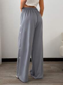 SHEIN Women, Spring, Summer Loose Fit Pearl Detail Drawstring Waist Wide-Leg Pants - Grey - View 6