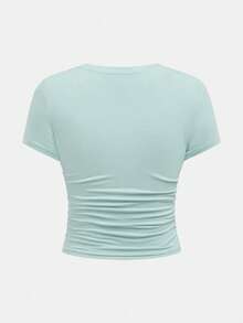 SHEIN Girlism Tween Girl Casual Fitted Light Blue Ruched Crew Neck Top And Ruched Flare Pants Set - Mint Green - View 6
