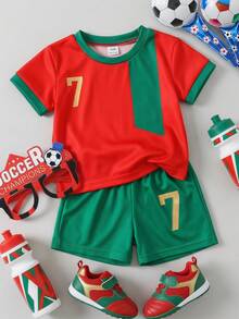 SHEIN 2pcs Baby Boy Portugal No.7 Soccer Outfit, Red Green Jersey & Shorts. Great For Sports Events, Daily Outings, School Activities Photos. - Multicolor - View 11
