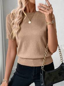 Pariaura Women's Solid Color Casual Versatile Daily Wear Knit Short Sleeve Top - Camel - View 6