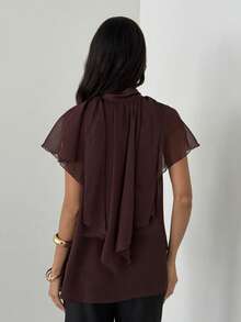 Aloruh Women's Elegant V-Neck Chiffon Ruffle Sleeve Brown Office Shirt - Brown - View 7
