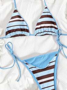 Swim SXY 2026 女款條紋性感掛脖比基尼泳衣（隨機印花），微三角 - 彩色 - 查看 3