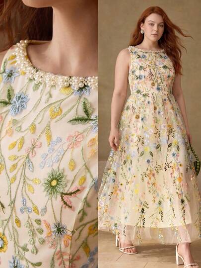 MOTF PREMIUM PLUS SIZE WOMEN'S ROUND NECK SLEEVELESS MESH EMBROIDERED DRESS, CASUAL & DATE WEAR, SPRING/SUMMER