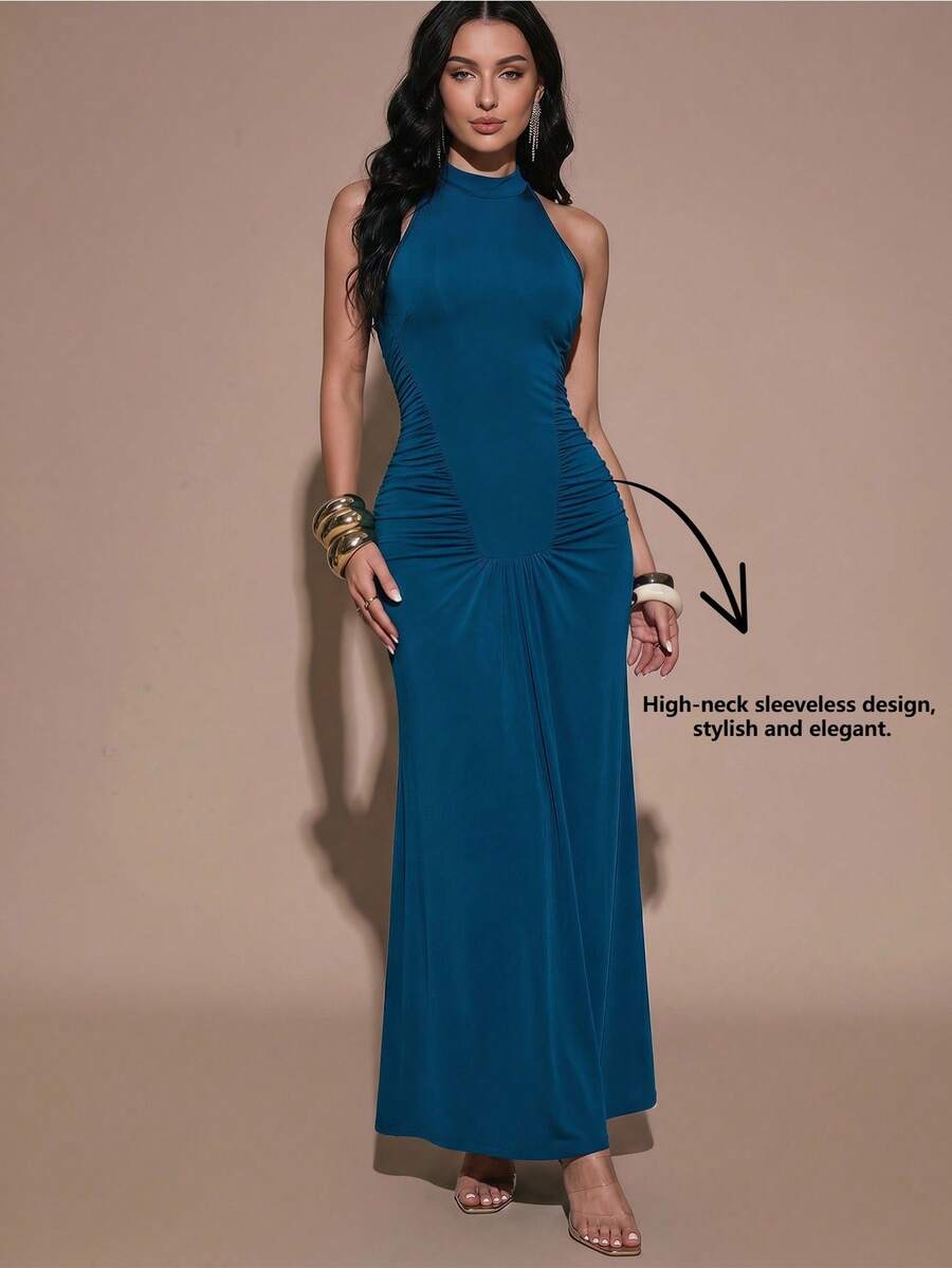 Modelyn Women's Solid Color Mandarin Collar Sleeveless Ruched Fitted Long Dress, Fashionable For Summer Golf Pastal Sexy - Blue - View 1