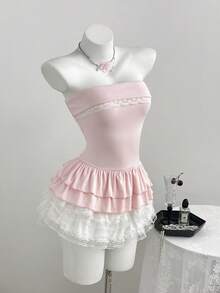 Flirla Top dulce sin tirantes con fruncido y línea A con ribete de encaje para mujeres, primavera/verano - Rosa - Ver 4