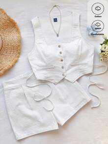 Comfortcana Bộ đồ 2 món màu trắng 100% cotton, áo croptop không tay, thích hợp cho mùa đông, lễ Phục sinh, tiệc tùng, đi biển, đám cưới, lễ tốt nghiệp, thanh lịch, thường ngày, kỳ nghỉ, thể thao, trang trọng, phong cách Y2K, công sở. Được trang trí bằng sequin, tua rua, bèo nhún, hoa và họa tiết. - trắng - Xem 8