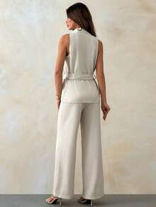 SHEIN Women Linen Detailed Regular Fit Vest And Pant Sets - Beige - View 6