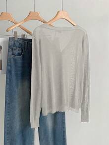 Calvaya Áo khoác cardigan dệt kim dài tay, cài một hàng cúc, thời trang, đa năng dành cho nữ cỡ lớn, thích hợp cho kỳ nghỉ. - Màu Xám nhạt - Xem 2