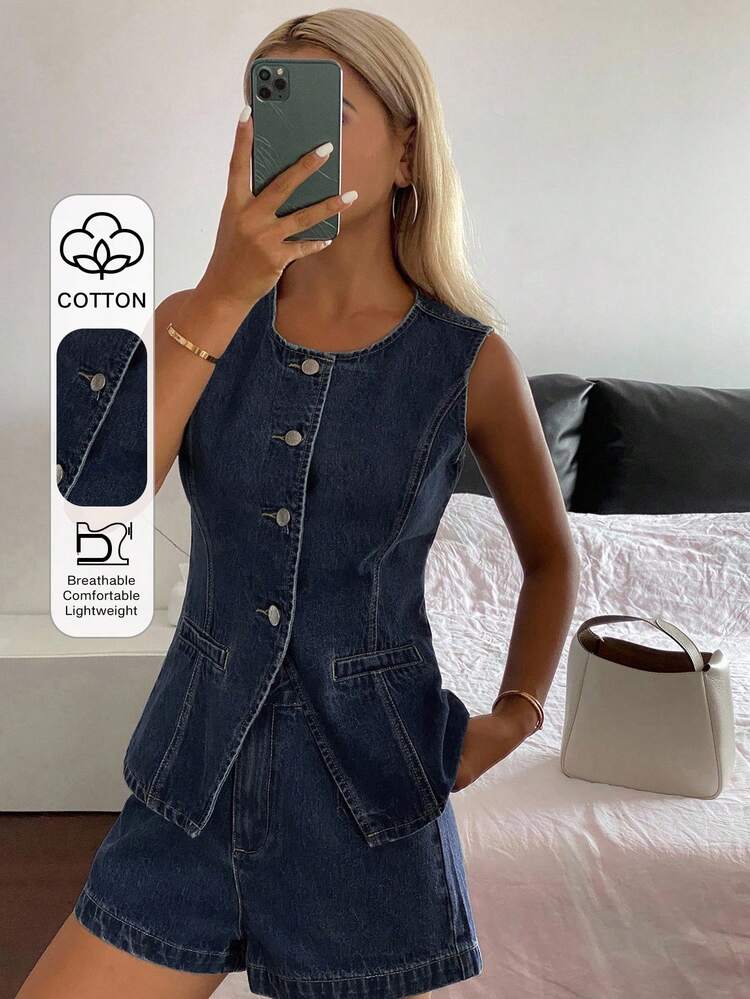 Women's Round Neck Sleeveless Vest And Loose Shorts Vacation Style Denim Set