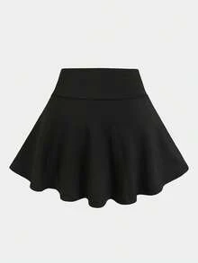 SHEIN Tween女孩四季休閒運動高彈力舒適荷葉邊下擺A字裙褲，附口袋，網球瑜珈運動服，黑色 - 黑色 - 查看 3