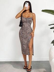 SHEIN PETITE Leopard Print Slit Midi Cami Dress,Summer Dresses For Women,Dresses For Women Summer ,Petite Women - Multicolor - View 3