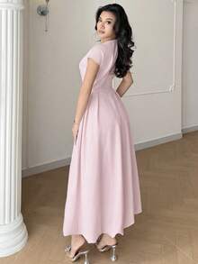 Modelyn 女士纯色圆领褶皱优雅长袖连衣裙 - 淺粉色 - 查看 3