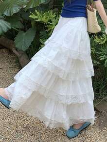 DAZY Falda acampanada con cintura elástica y encaje de contraste, con volantes en el bajo. Falda casual de verano para mujer - Blanco - Ver 1