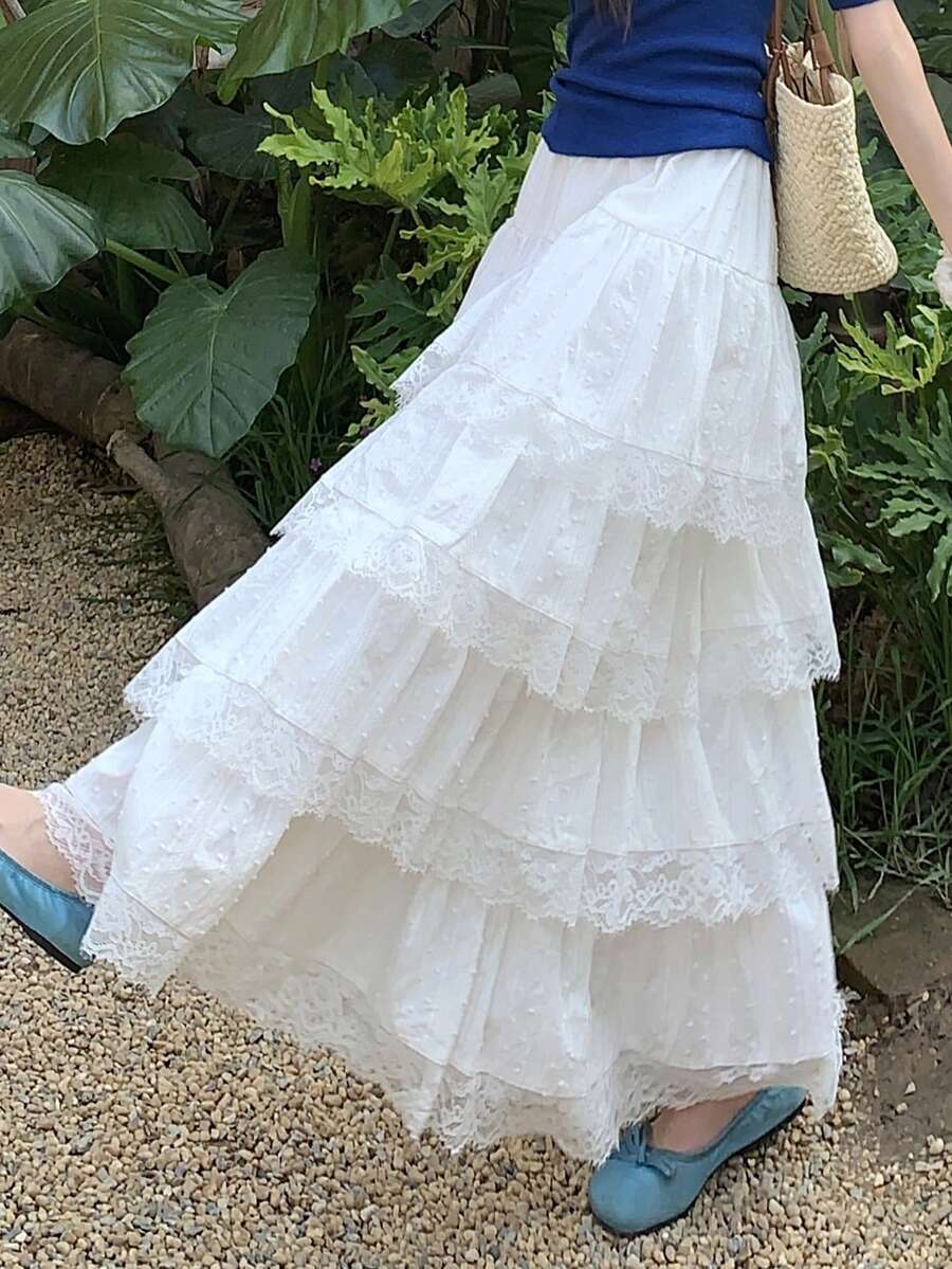 DAZY Falda acampanada con cintura elástica y encaje de contraste, con volantes en el bajo. Falda casual de verano para mujer - Blanco - Ver 1