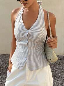 DAZY Top sin espalda casual con cuello de halter a rayas y sin mangas, chaleco de verano de vacaciones para mujer - Azul - Ver 4