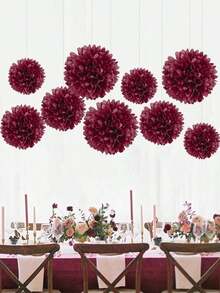9pcs/Set Burgundy DIY Decorative Paper Flowers & Pom Poms - Suitable For Valentine's Day, Engagement, Wedding, Bridal Shower, Anniversary, Bachelorette Party, Birthday Party, Home Outdoor Hanging Decor - burgundy - View 5