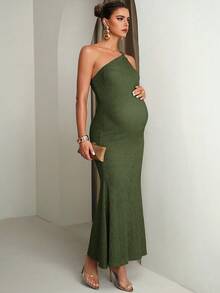 MaterniChic Fashionable & Versatile Textured Asymmetric Neck Metal Buckle Maternity Dress - Army Green - View 4