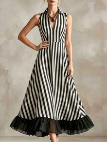 SHEIN Holidaya Đầm voan đen phối sọc kiểu Pháp cổ điển, cổ chữ V sâu, khóa kéo eo, đầm trà thanh lịch cho kỳ nghỉ hè. - Đen và trắng - Xem 6