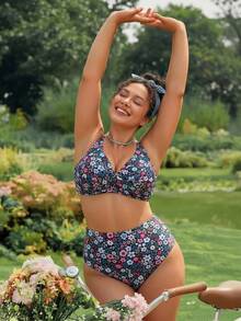 Swim Mod Plus Size 2 Pieces Swimwear Set, Navy Blue, Summer, Boho, Beach, Holiday, Ditsy Floral, Criss-Cross Front, Adjustable Straps, High-Waisted Bottoms, Pool Wear - Multicolor - View 4