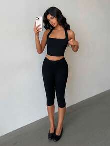Flirla Set de 2 piezas de top corto de cuello alto informal y leggings con dobladillo dividido de ajuste ceñido, para todas las estaciones - Negro - Ver 6