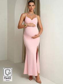 MaterniChic Elegant Maternity Party Solid Color High Slit Fishtail Slip Dress Wedding Guest Dress Elegant Dress Pink Dresses Birthday Outfits  For Baby Shower - Pink - View 1
