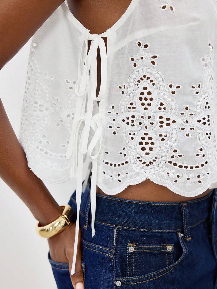 SHEIN Maija Women's White Sleeveless Eyelet Embroidery Tie-Side Top,Summer Frenchy Brunch Holiday,Casual Loose Comfortable Minimalist Versatile Beach Festival