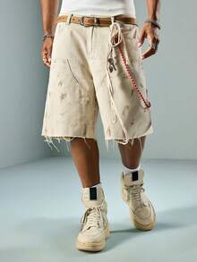 ROMWE MEN Street Life Quần short denim rộng rãi, thoải mái, đa năng, có túi Bermuda dành cho nam - Màu Khaki - Xem 4