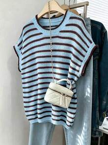 Franclia Plus Size Women Spring/Summer Casual Light Blue Round Neck Short Sleeve Knit Sweater Holiday - Multicolor - View 7