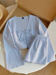 SHEIN EZwear 蓝色条纹休闲长袖系带衬衫和短裤家居服套装 - 藍白色 - 查看 5