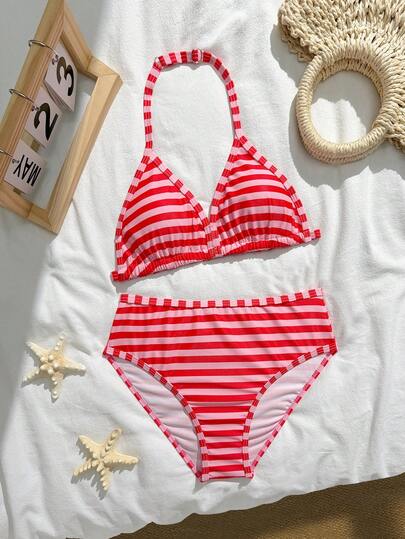 SHEIN Tween Girls Polka Dot Print Bikini Sets, 2pcs, Knit Fabric, Stylish Casual Elegant Swimwear, Suitable For Swimming, Vacation, Summer