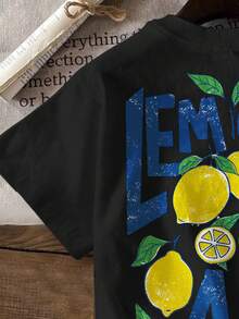 Lemon Print Loose Casual Short Sleeve Round Neck T-Shirt For Young Boy,Suitable Summer,Vacation,Street Style,Daily Wear,Spring&Fashion - Black - View 4