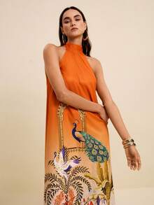 LOTSLUV Women's Orange Summer Boho Tropical Casual Elegant Dress, Ombre Print With Halter Neck Tie,Peacock,Floral Architecture Prints Vacation - Multicolor - View 4