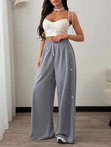 SHEIN Women, Spring, Summer Loose Fit Pearl Detail Drawstring Waist Wide-Leg Pants - Grey - View 4