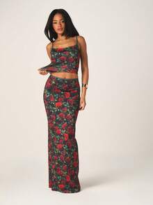 MISSGUIDED Conjunto de dos piezas de verano con top tipo camiseta de tirantes y falda larga con estampado floral de rosa, conjunto de vestido ajustado de lápiz - Multicolor - Ver 6