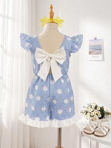 Elladie kids 女童蓝白格子雏菊短袖连体衣，优雅舒适的夏季儿童服装，时尚无袖连体裤 - 藍色 - 查看 2